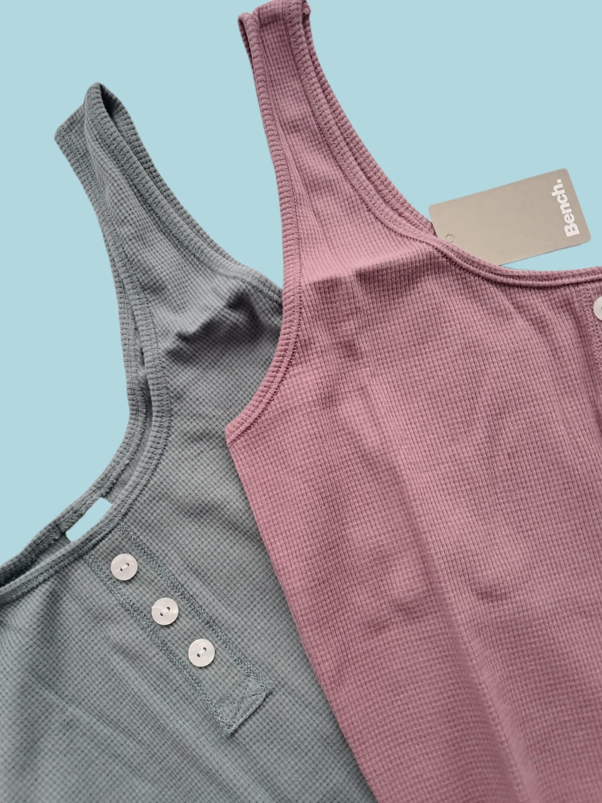 Bench Damen Top 2er Pack mint/orchidee Gr. 36/38 Detailansicht Träger und Knopfleiste