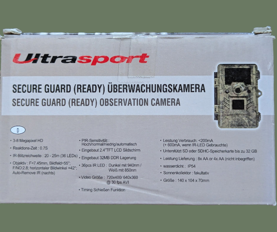 Ultrasport Überwachungskamera Wildkamera Secure Guard Ready dunkle LED Verpackung Seitenansicht mit Produktbeschreibung