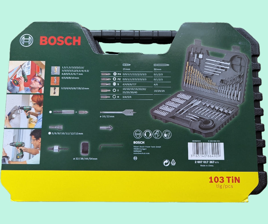 Bosch 103tlg. Bohrer- und Bit Set V-Line Titanium Box Produktansicht Rückseite mit Teileauflistung und EAN Nummer