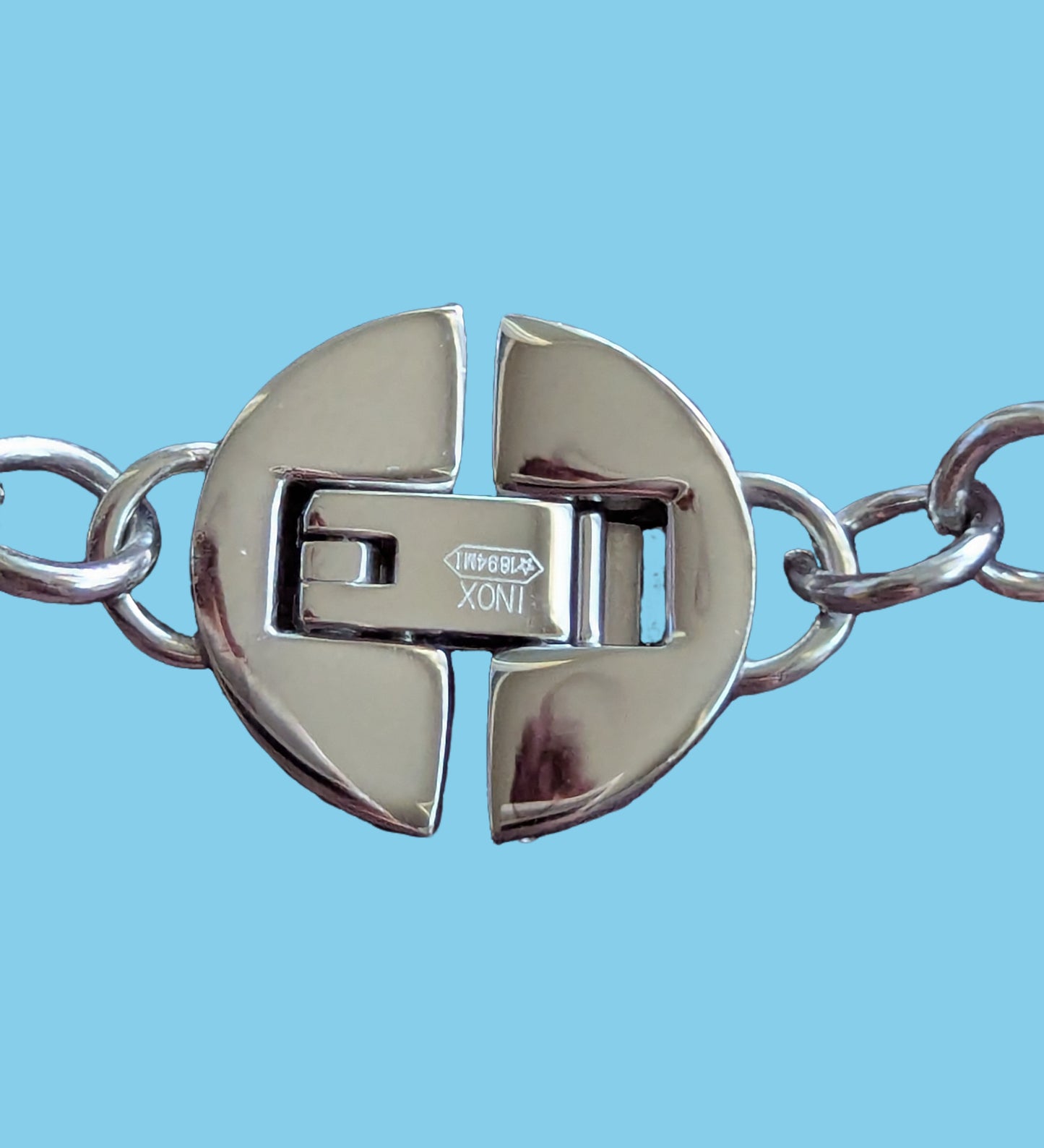 Bliss Damen Armband Edelstahl Kreise blau an Drahtseil Komplettansicht Verschluss vergrößert