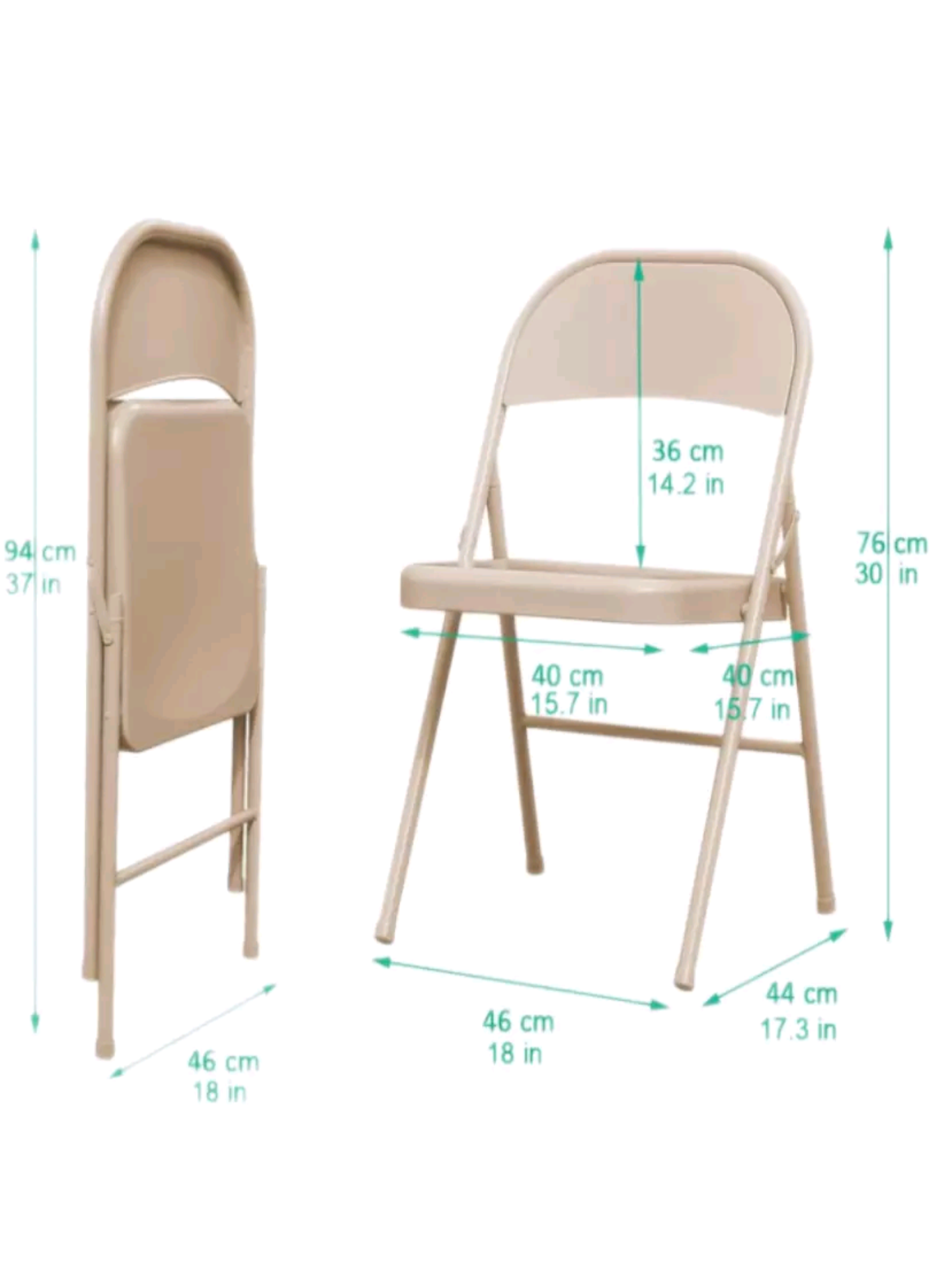 Grainger Klappstuhl 4er Set Stahlklappstuhl in Beige Ansicht mit Maßangaben Zusammengeklappt und Auseinandergeklappt