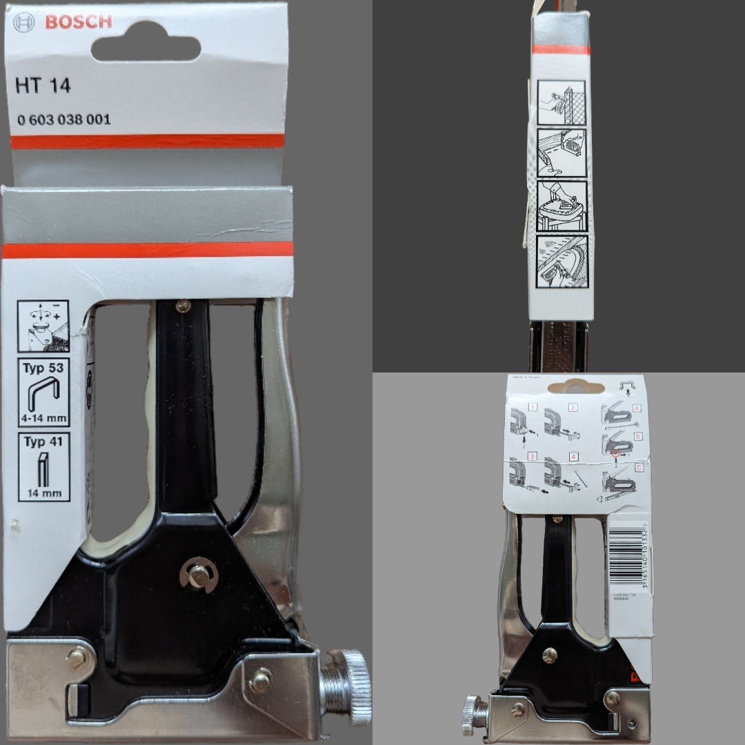 Bosch Professional Handtacker HT 14 - Klammertyp 53 Collage 3 Produktansichten Vorder-Rück und Seitenansicht
