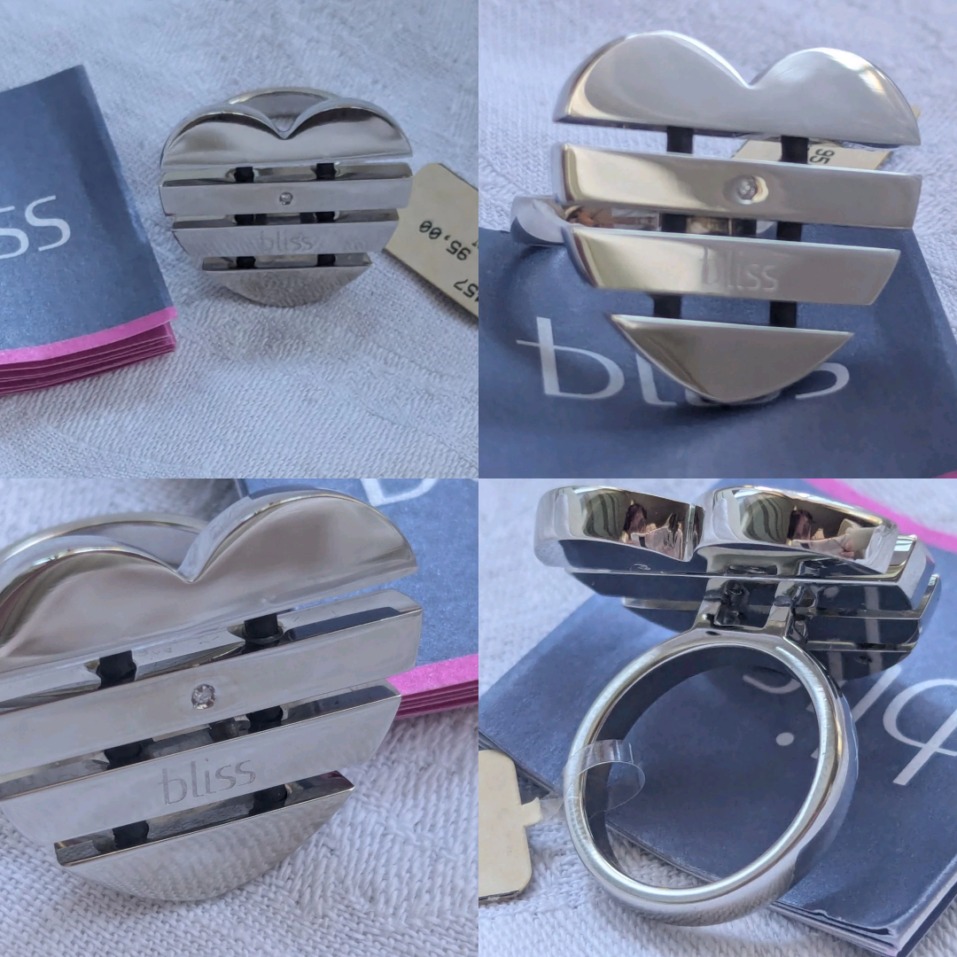 Bliss Damenring Edelstahl, Herz Form Collage von Vorder und Rückansicht
