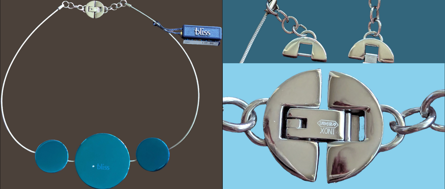 Bliss Damen Collier Edelstahl Kreise blau an Drahtseil 1 Diamant 3er Collage Komplett und Detailansichten
