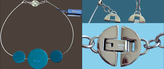 Bliss Damen Collier Edelstahl Kreise blau an Drahtseil 1 Diamant 3er Collage Komplett und Detailansichten