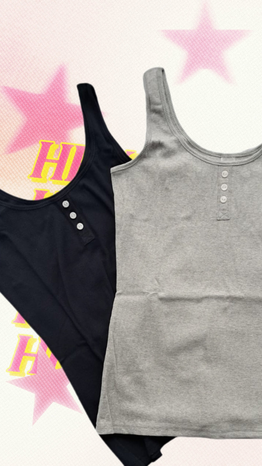 Bench Damen Top 2er Pack grau/schwarz Vorderansicht mit rosa Sterne im Hintergrund