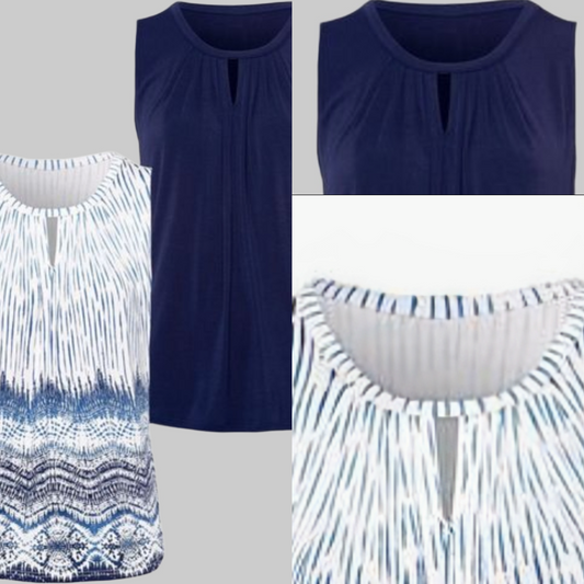 Lascana Damen Shirttop 2er Pack Weiß gemustert / unifarben Marineblau Komplettansicht und Detailansicht Halsauschnitt