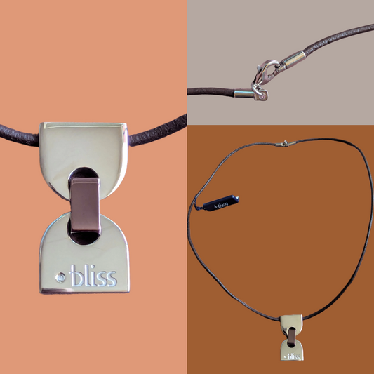 Bliss Unisex Halskette braune Kordel 3er Collage Gesamt und Detailansicht